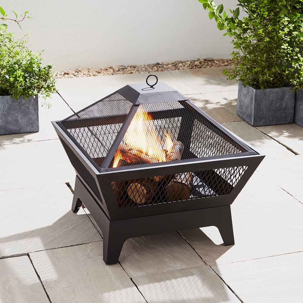 Outdoor Fireplace with Mesh Lid, Grill, & Poker - Steel Fireplace with Mesh Lid
